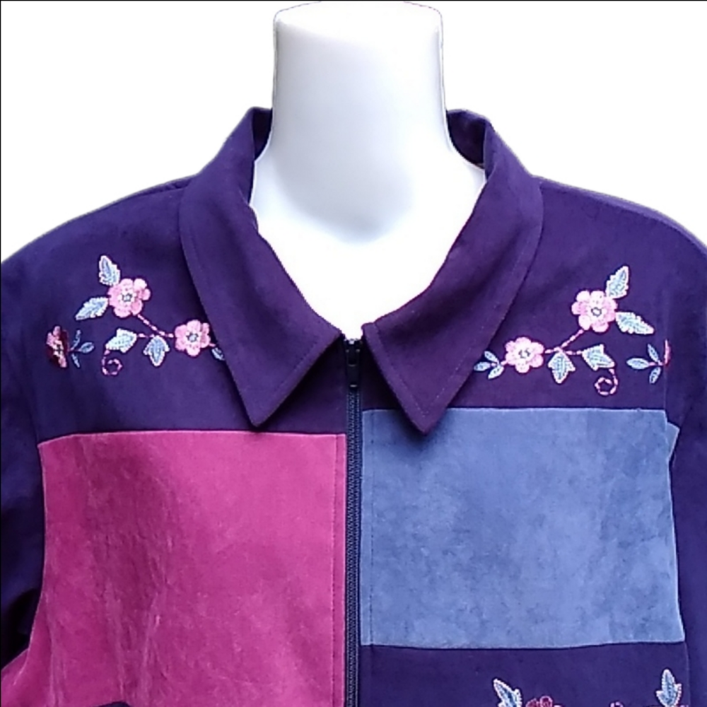TanJay Navy Colour Block Floral Embroidered Faux Suede Jacket Shell Size 16 - Picture 2 of 13